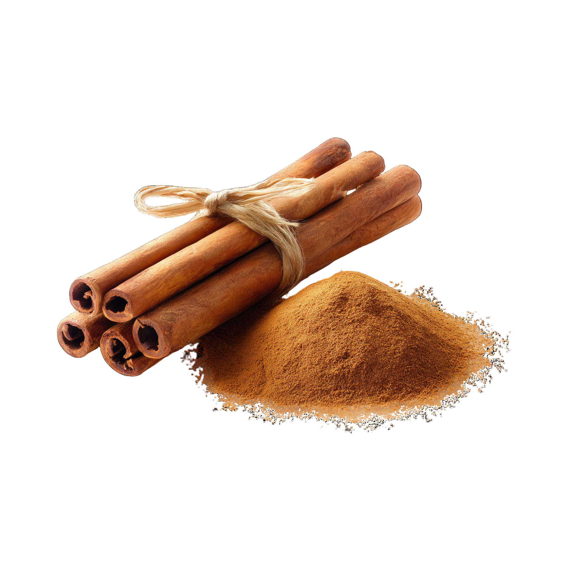 Cinnamon sticks tied with twine and a pile of cinnamon powder on a transparent background, derived from the bark of Cinnamomum trees, known for its anti-inflammatory, antioxidant, and blood sugar-regulating properties.
