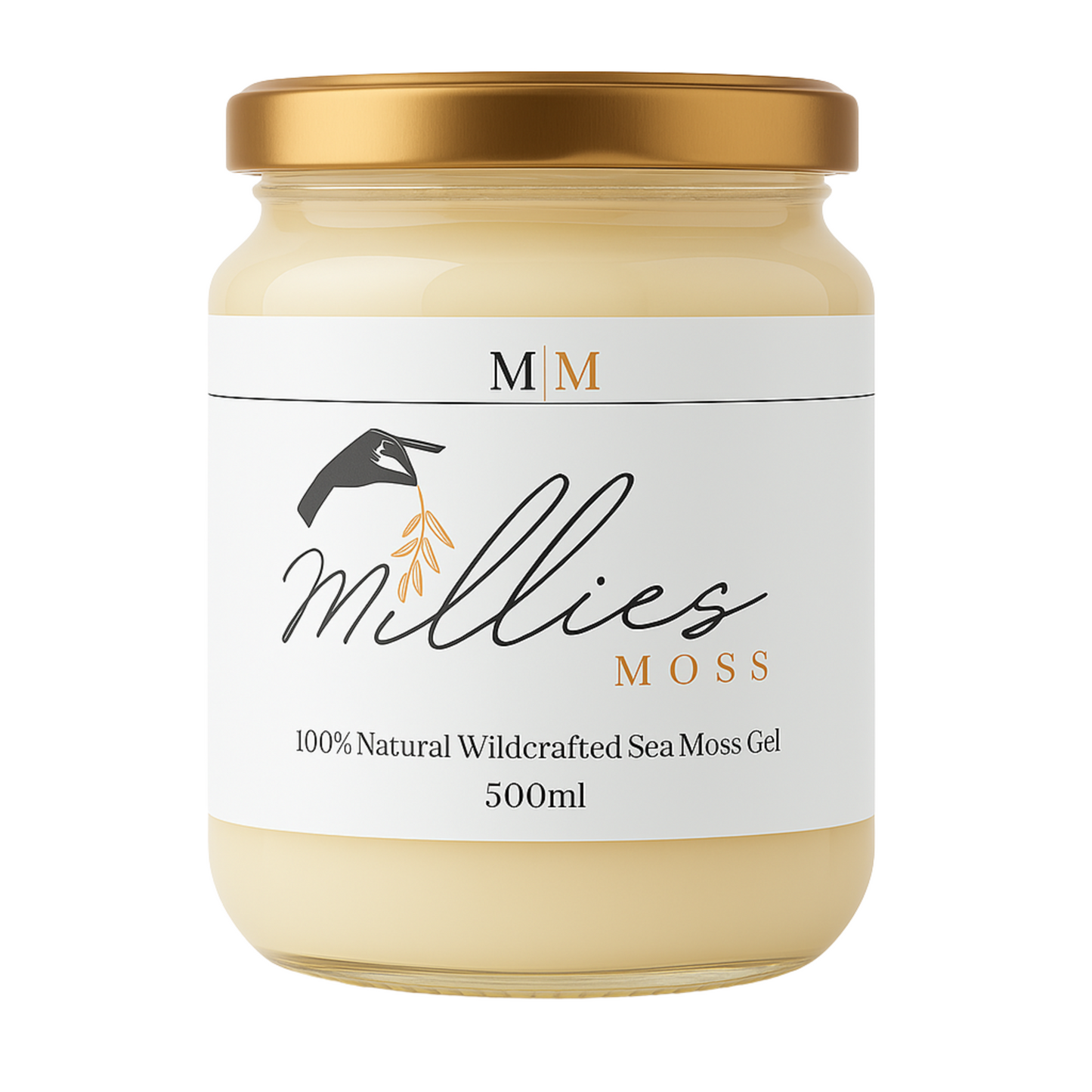 A jar of Millies Premium Golden Sea Moss Gel, labeled 500ml size, with a white and gold color scheme. Front view
