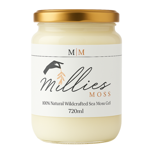 A jar of Millies Premium Golden Sea Moss Gel, labeled 720ml size, with a white and gold color scheme. Front view