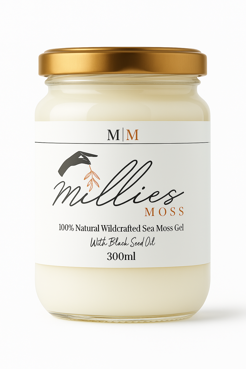 Millie’s Moss 300ml Sea Moss Gel with black seed oil, jar, front-facing product image.