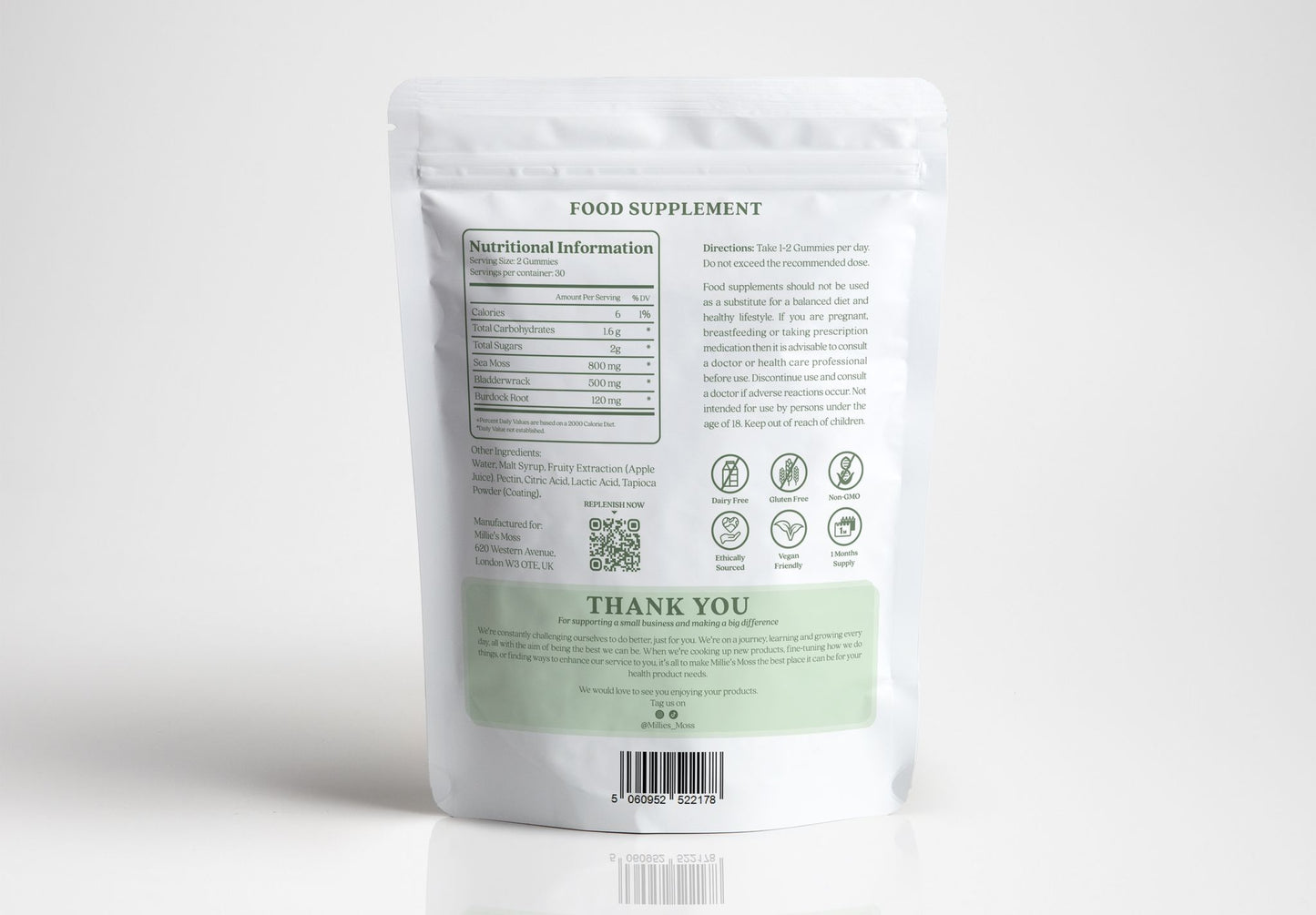 Rear view of Packet of Millie’s Moss Sea Moss Gummies containing 60 apple-flavoured gummies made with sea moss, bladderwrack, and burdock root. The packaging features a clean, modern design highlighting the natural ingredients.