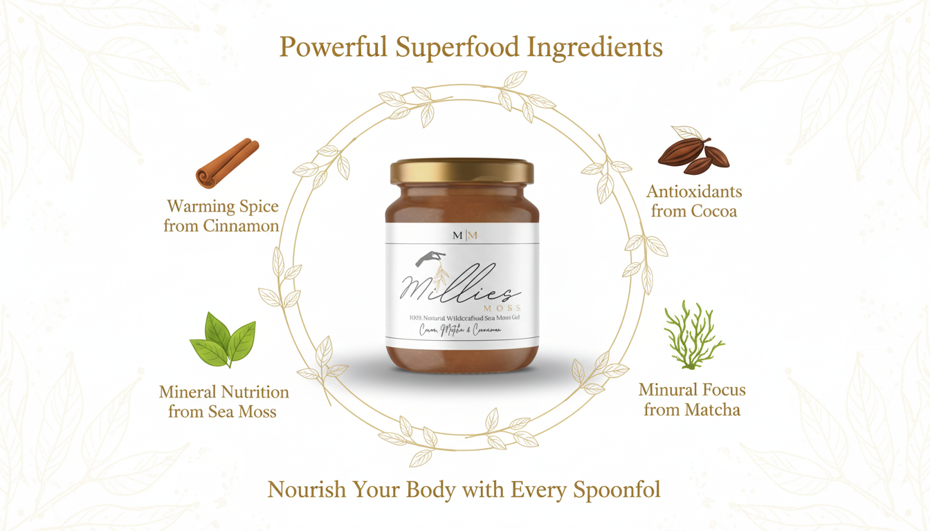 Sea moss gel jar surrounded by cacao matcha cinnamon and sea moss illustrating powerful superfood ingredients