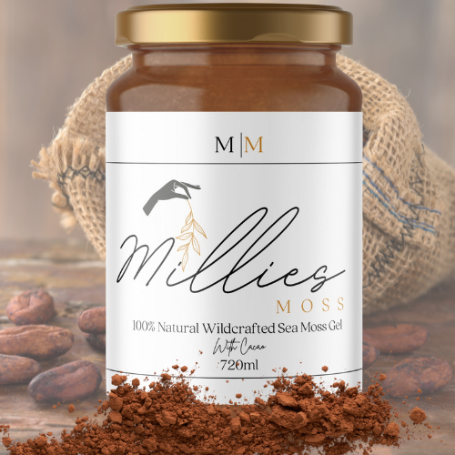 Jar of sea moss gel infused with cacao with images of cacao powder and beans