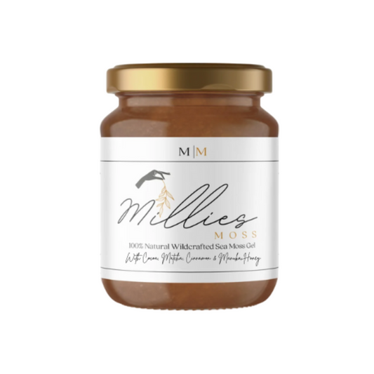 Jar of Millies Moss Sea Moss Gel Infused Cocoa, Matcha, Cinnamon & Manuka Honey on a white background