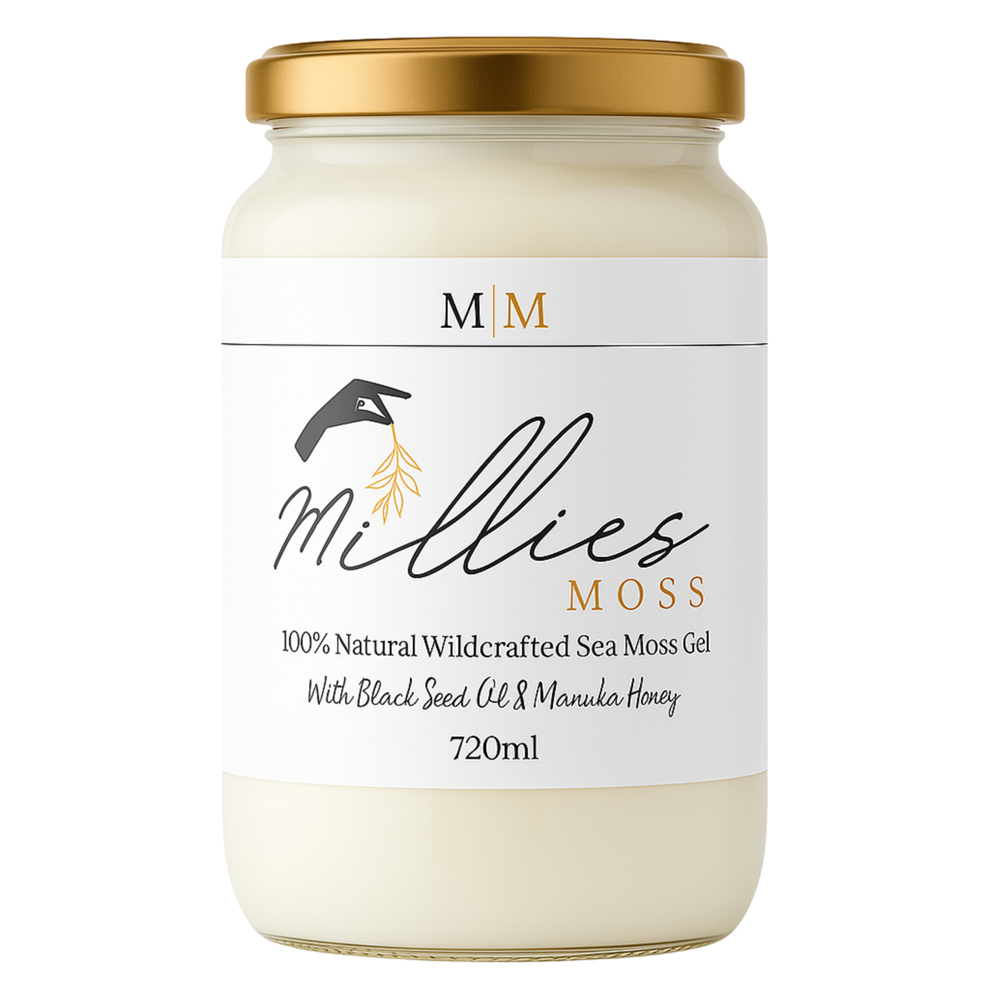 A jar of Millies Moss sea moss gel infused with black seed oil and manuka honey 720ml. Front view