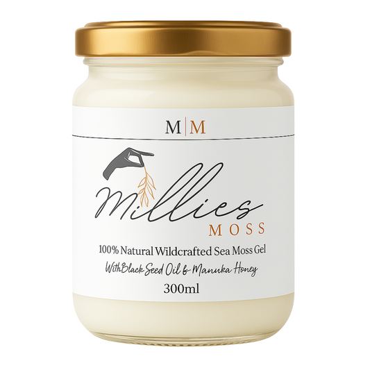 A jar of Millies Moss sea moss gel infused with black seed oil and manuka honey. 300ml front view