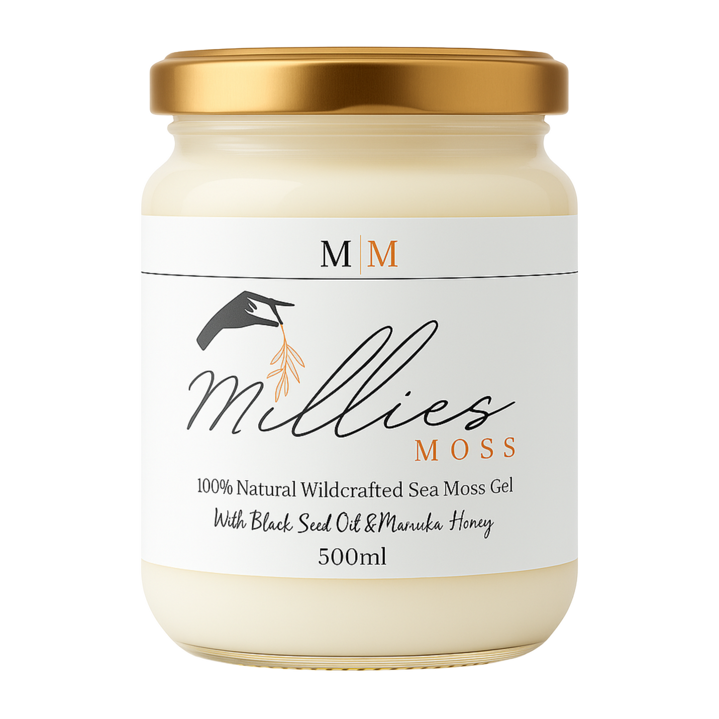 Millie’s Moss 500ml Sea Moss Gel with black seed oil and Manuka honey, front-facing product image.