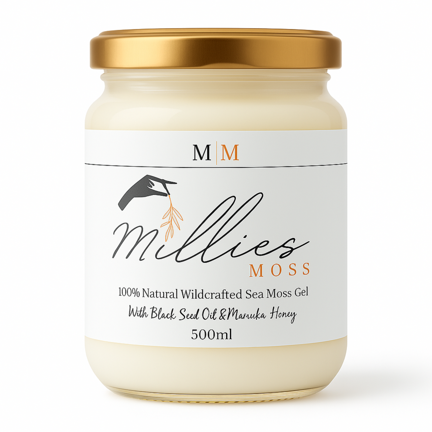 Millie’s Moss 500ml Sea Moss Gel with black seed oil and Manuka honey, front-facing product image.1