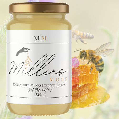 Jar of Millies Moss 100% Natural Wildcrafted Sea Moss Gel with Manuka Honey, surrounded by bees and honeycomb.
