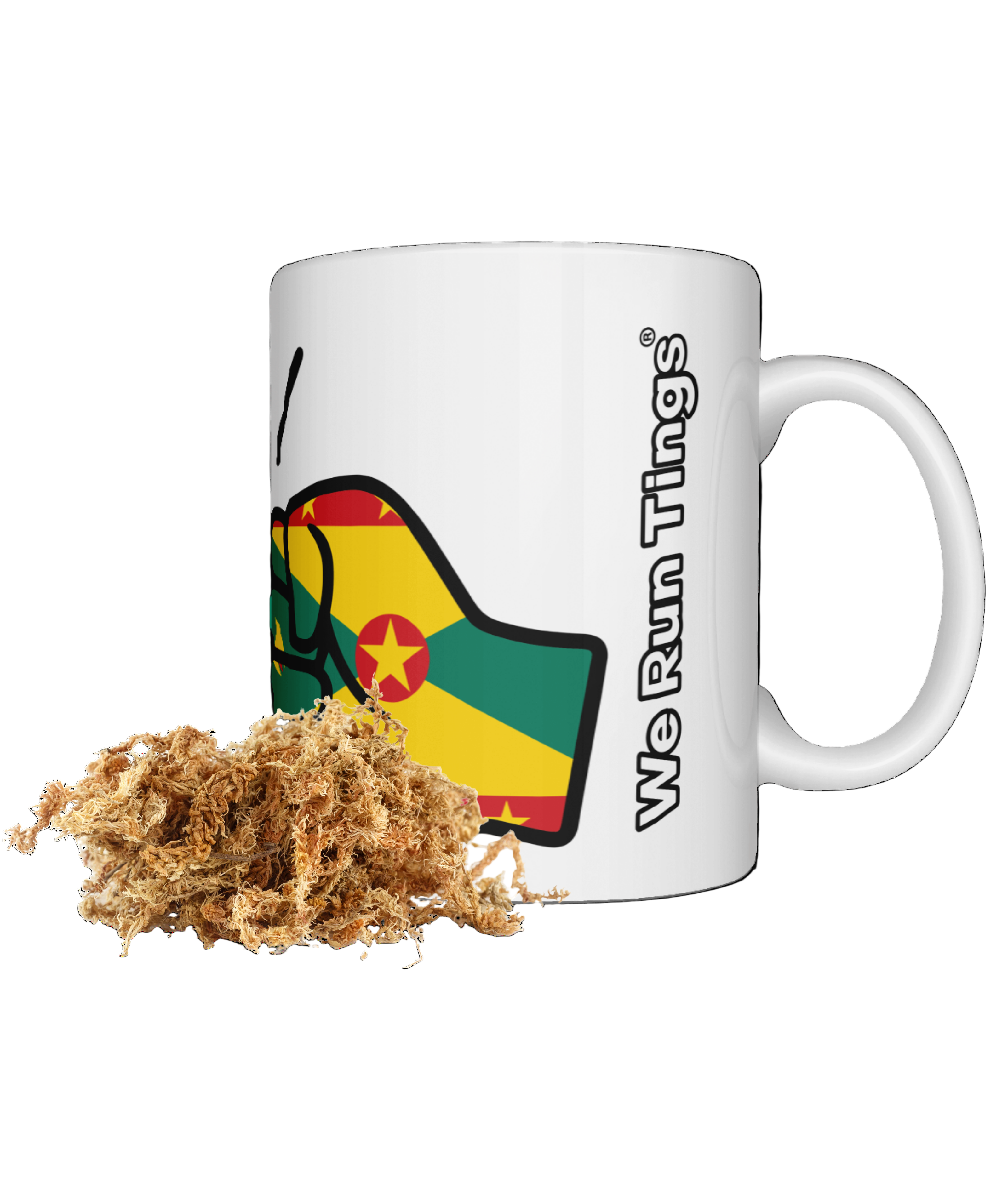 White We Run Tings ceramic mug with  the flag of Grenada and dried Sea moss on a white background