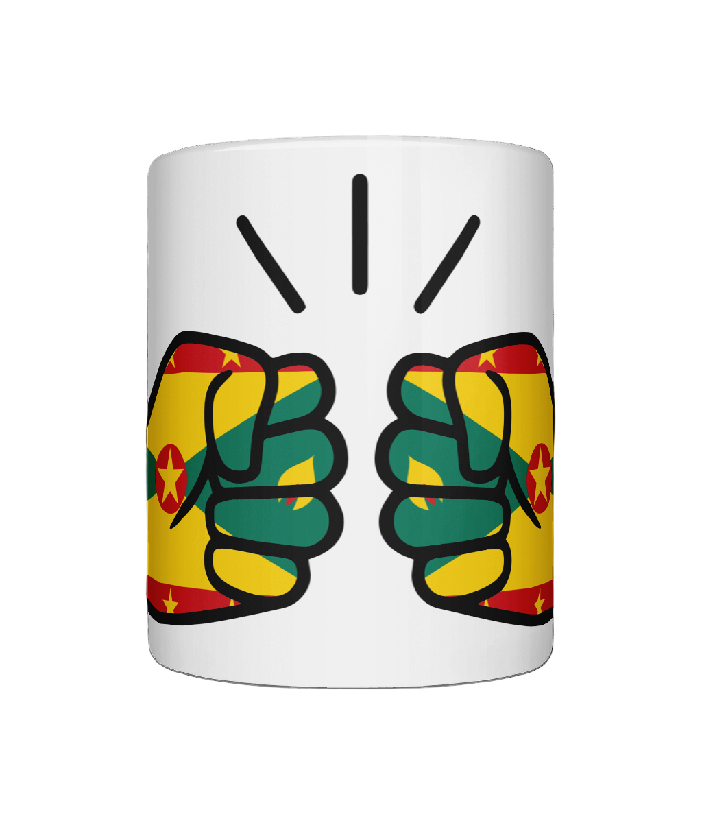 White coffee, tea mug featuring a colorful We Run Tings logo with the patriotic flag of Grenada on a white background; presented as a great gift idea.