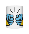White coffee, tea mug featuring a colorful We Run Tings logo with the patriotic flag of St Lucia on a white background; presented as a great gift idea.