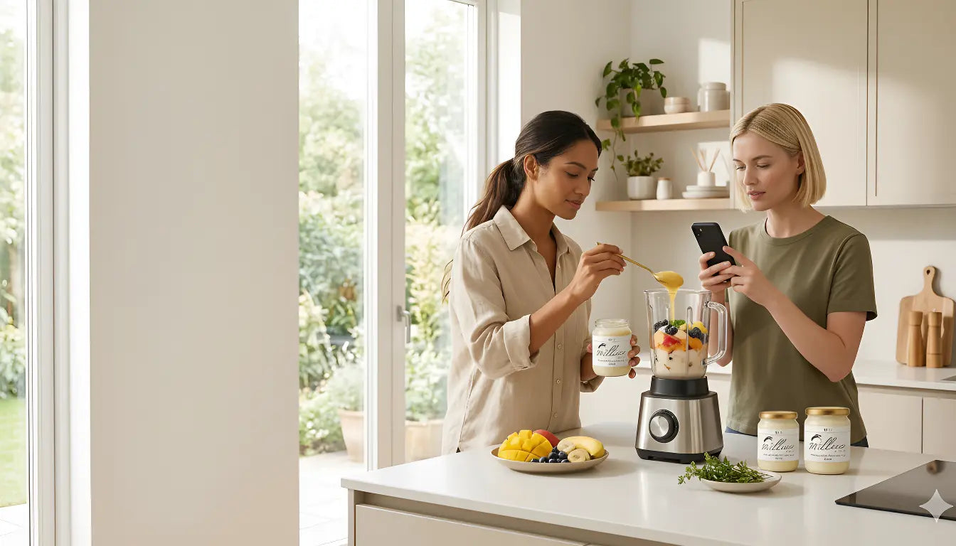 Two women adding sea moss gel to a smoothie blender with fresh fruit in a bright kitchen