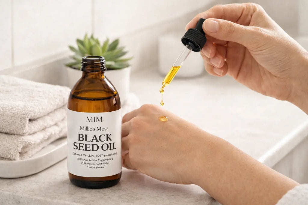 Dropper applying black seed oil onto skin for natural skincare and hydration.
