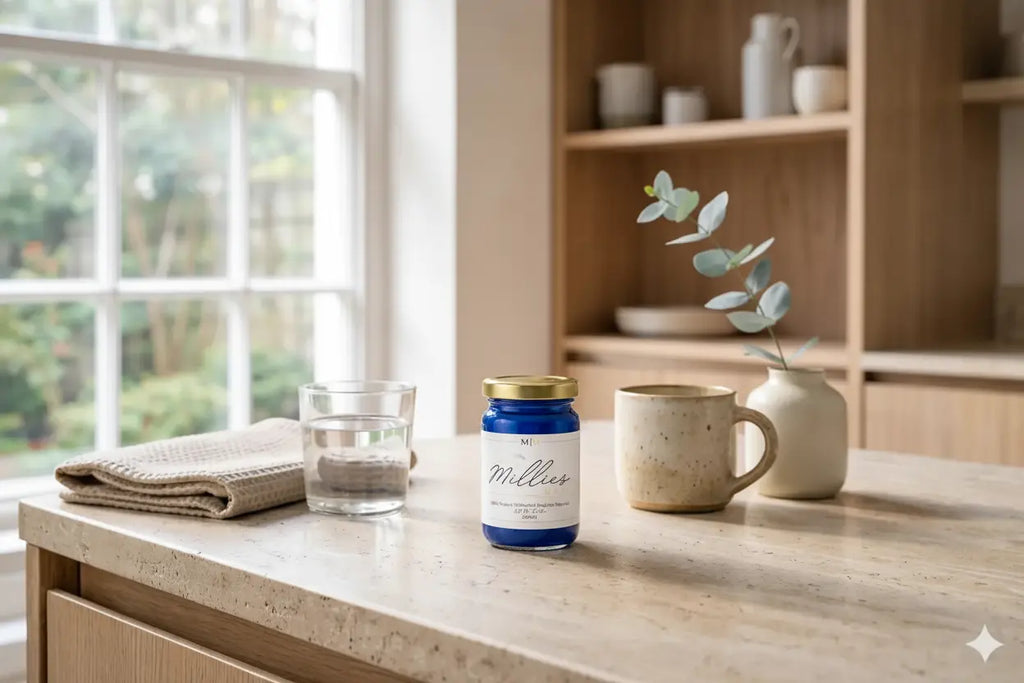 Blue sea moss gel jar on a minimalist kitchen counter beside a glass of water and ceramic mug