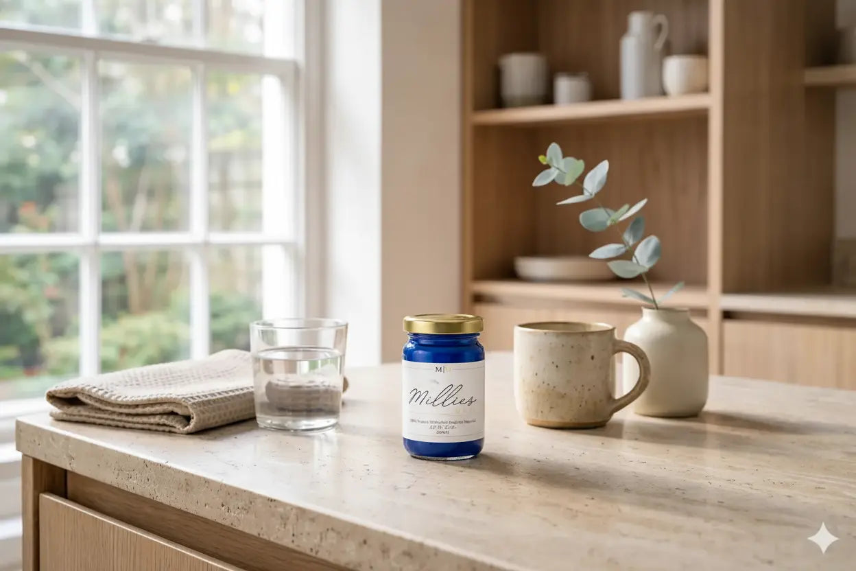 Blue sea moss gel jar on a minimalist kitchen counter beside a glass of water and ceramic mug