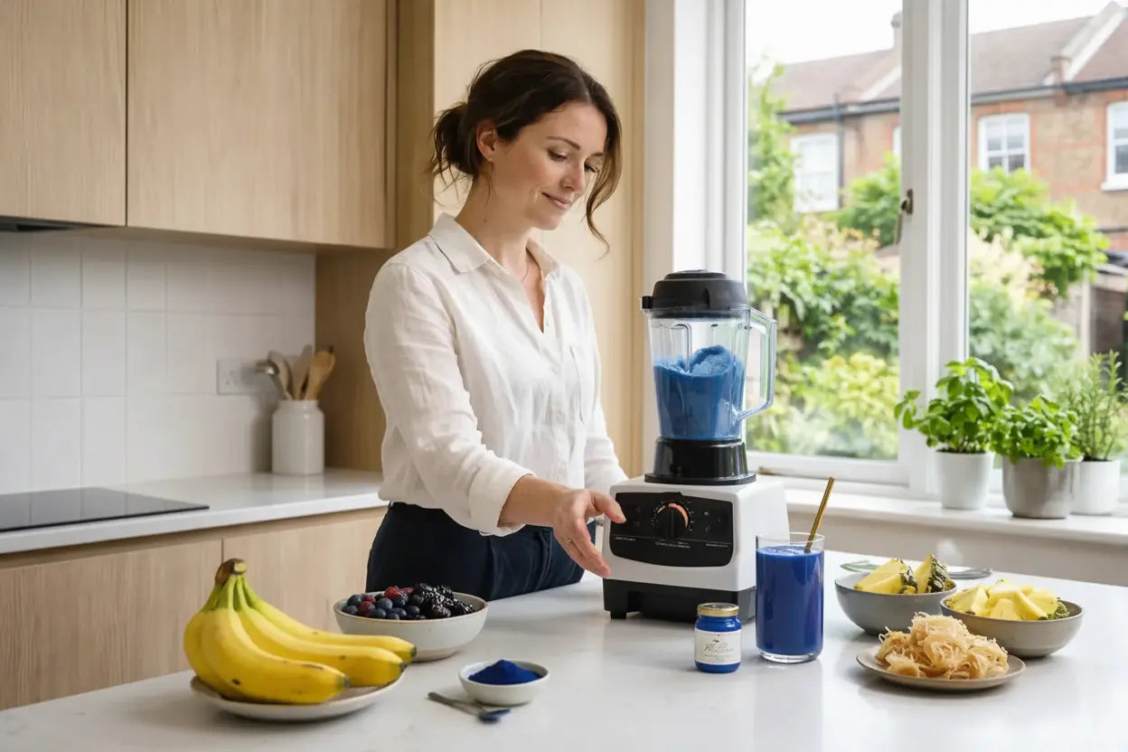 Woman making a blue sea moss smoothie in a bright modern kitchen