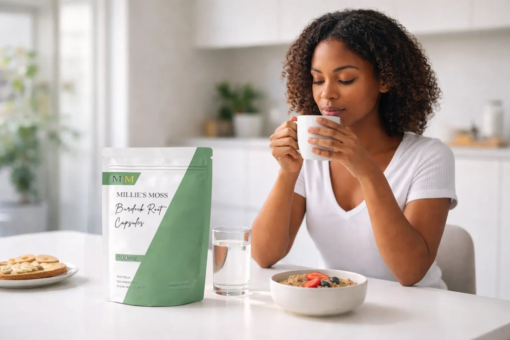 Woman enjoying tea during a morning wellness routine with Millie’s Moss burdock root capsules on the table.