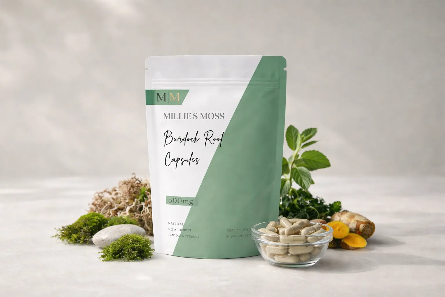 Millie’s Moss burdock root capsules displayed with natural herbal ingredients.