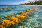 Golden sea moss growing on ropes in shallow Caribbean ocean water near a tropical coastline