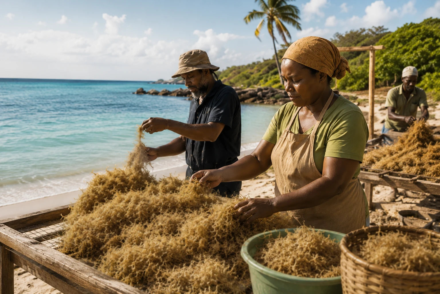 Caribbean sea moss being sorted by coastal harvesters on a sunny beach