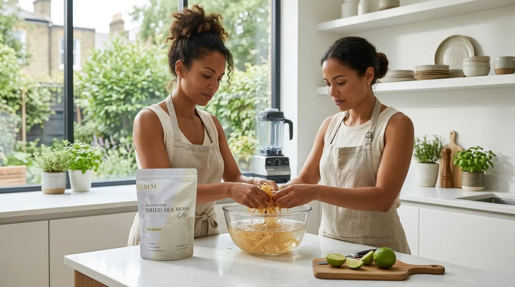Hands cleaning dried sea moss in a bowl of water before blending to make sea moss gel