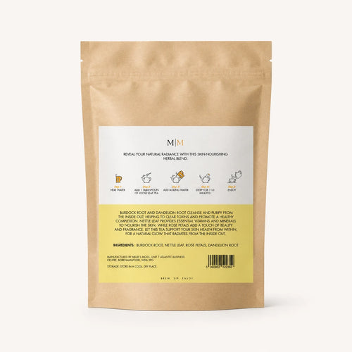 Back of Millie’s Moss Glow Within Loose Leaf Tea Blend 100g packaging