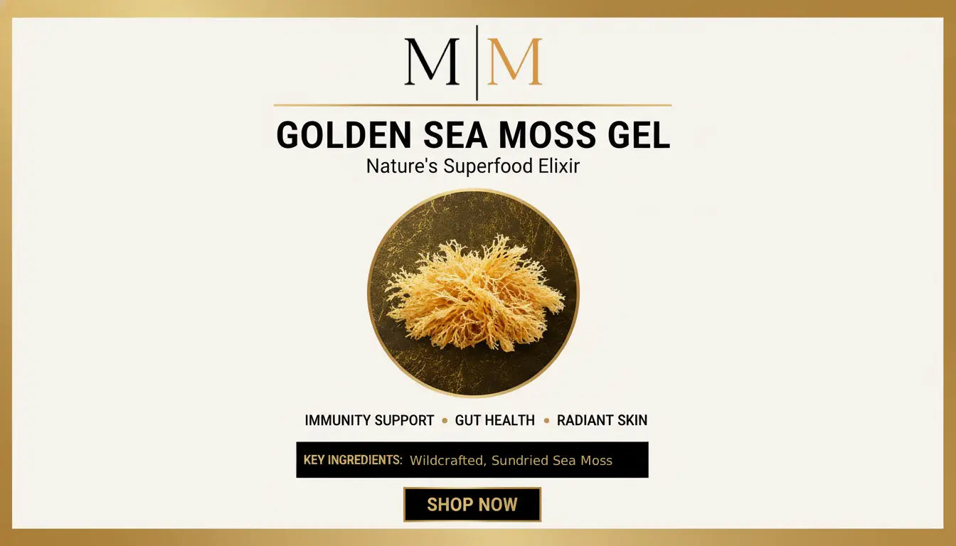 Golden sea moss gel infographic showing wellness benefits including immunity gut health and radiant skin