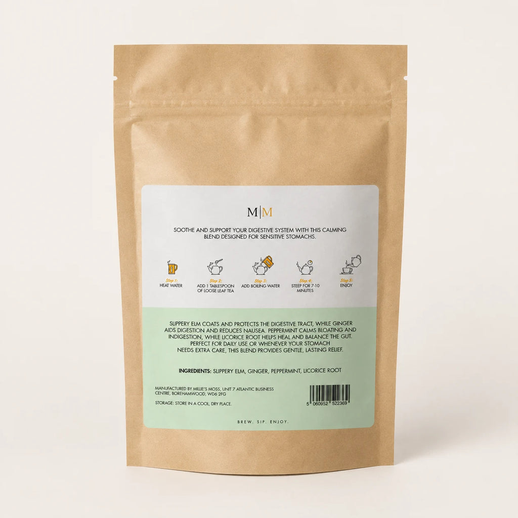 Back of Millie’s Moss Gut Harmony Loose Leaf Tea Blend 100g packaging