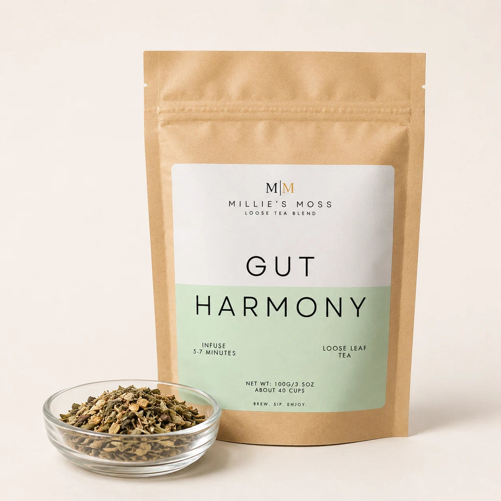 Millie’s Moss Gut Harmony Loose Leaf Tea Blend with slippery elm, ginger, peppermint and licorice root