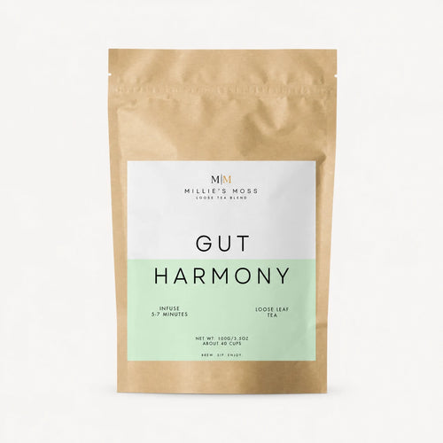 Front packshot of Millie’s Moss Gut Harmony Loose Leaf Tea Blend 100g