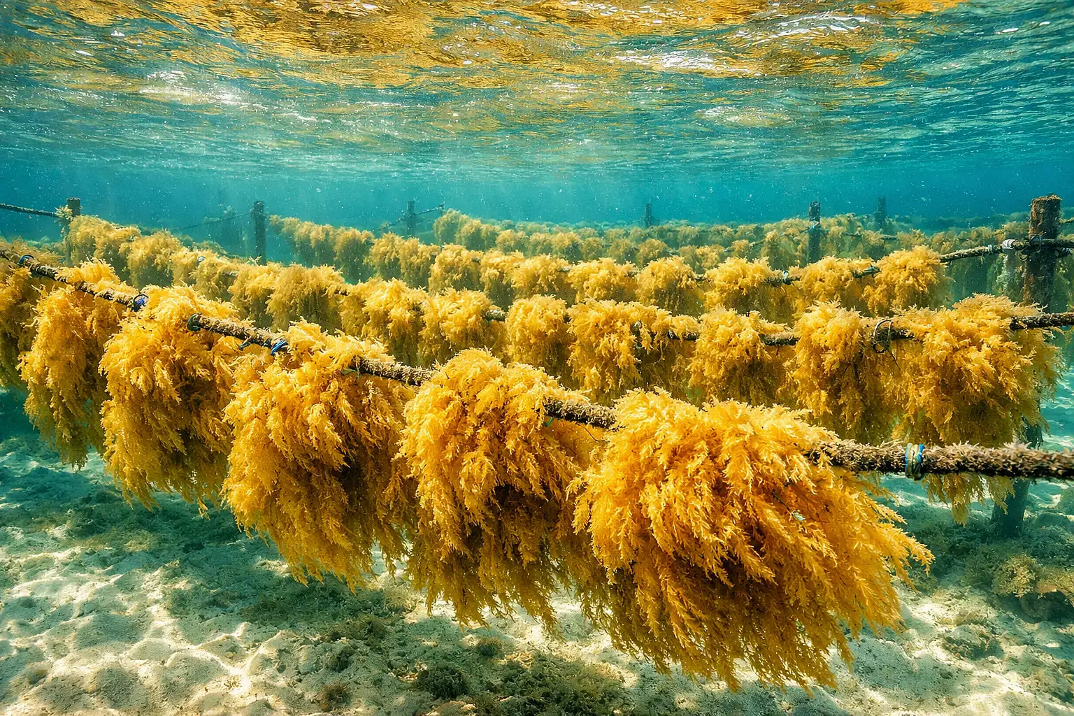 Golden sea moss growing on ropes in clear Caribbean ocean water.