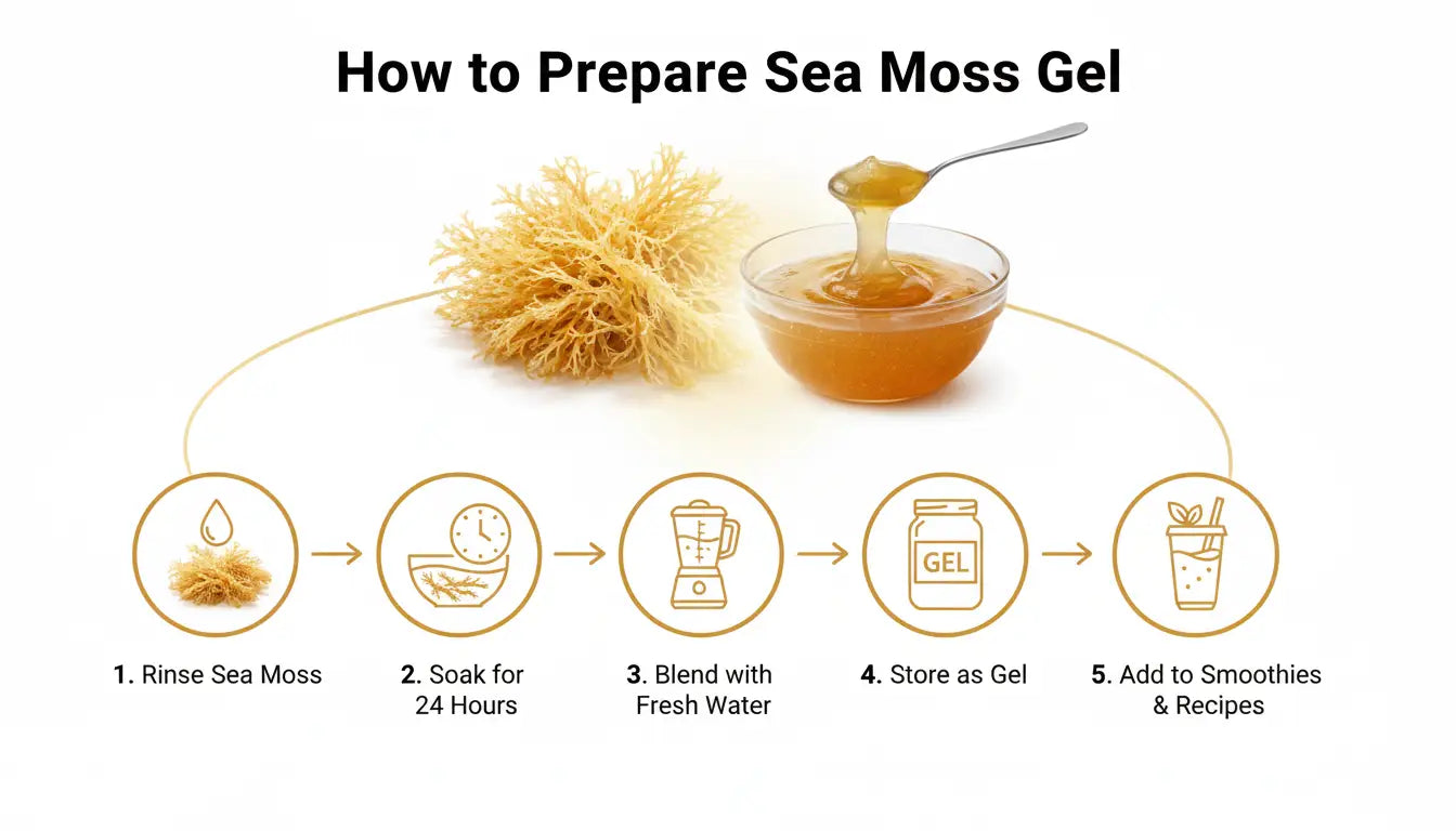 Step by step infographic showing how to prepare sea moss gel by rinsing soaking blending and storing