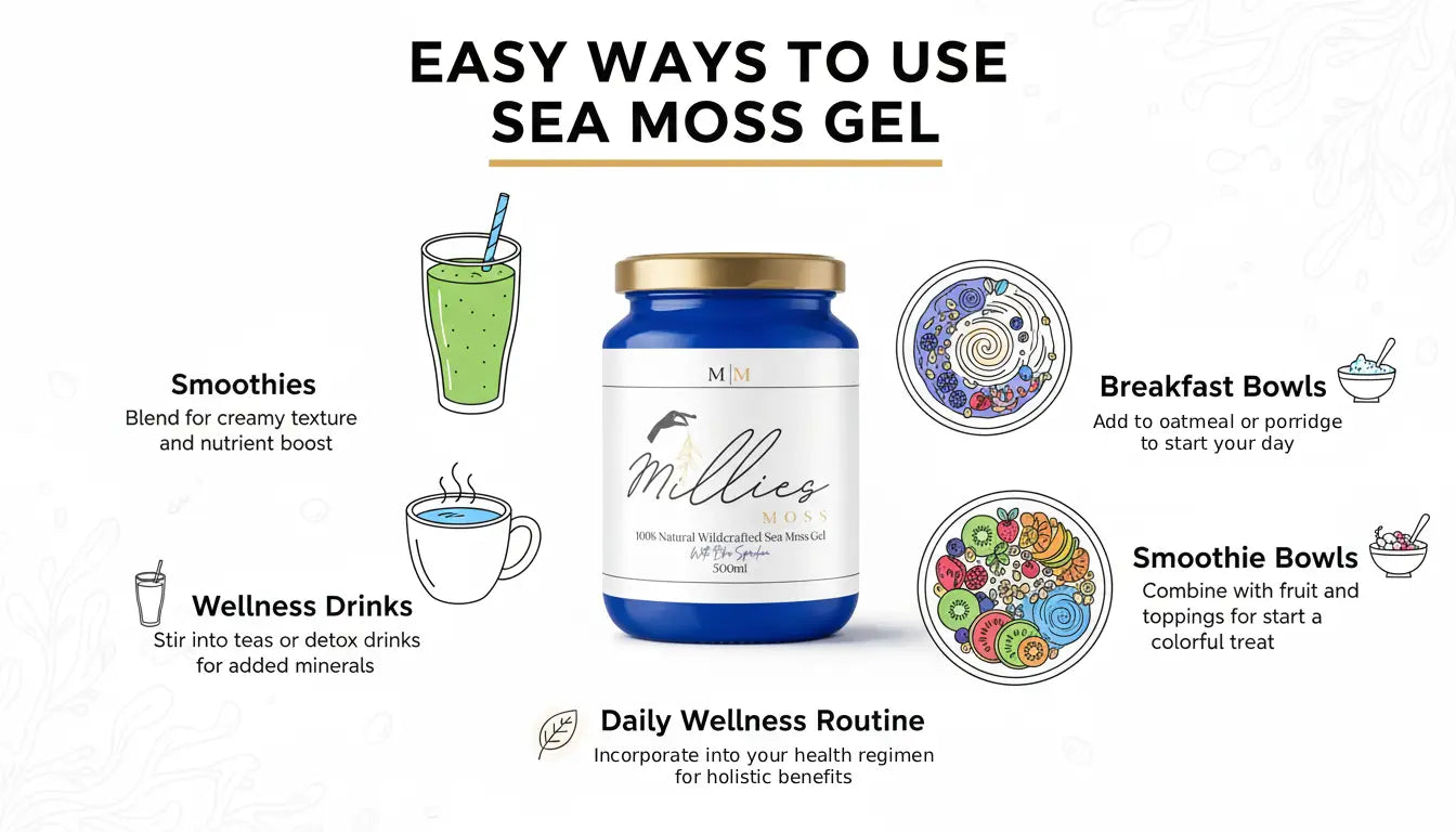 Infographic showing easy ways to use sea moss gel including smoothies, breakfast bowls and wellness drinks