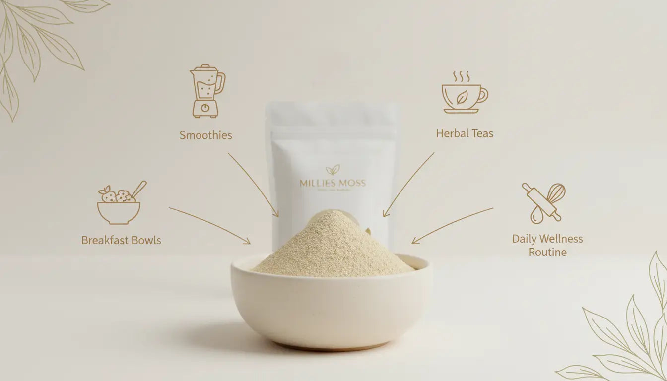 Infographic showing how to use sea moss powder in smoothies, herbal teas, breakfast bowls, and daily wellness routines.