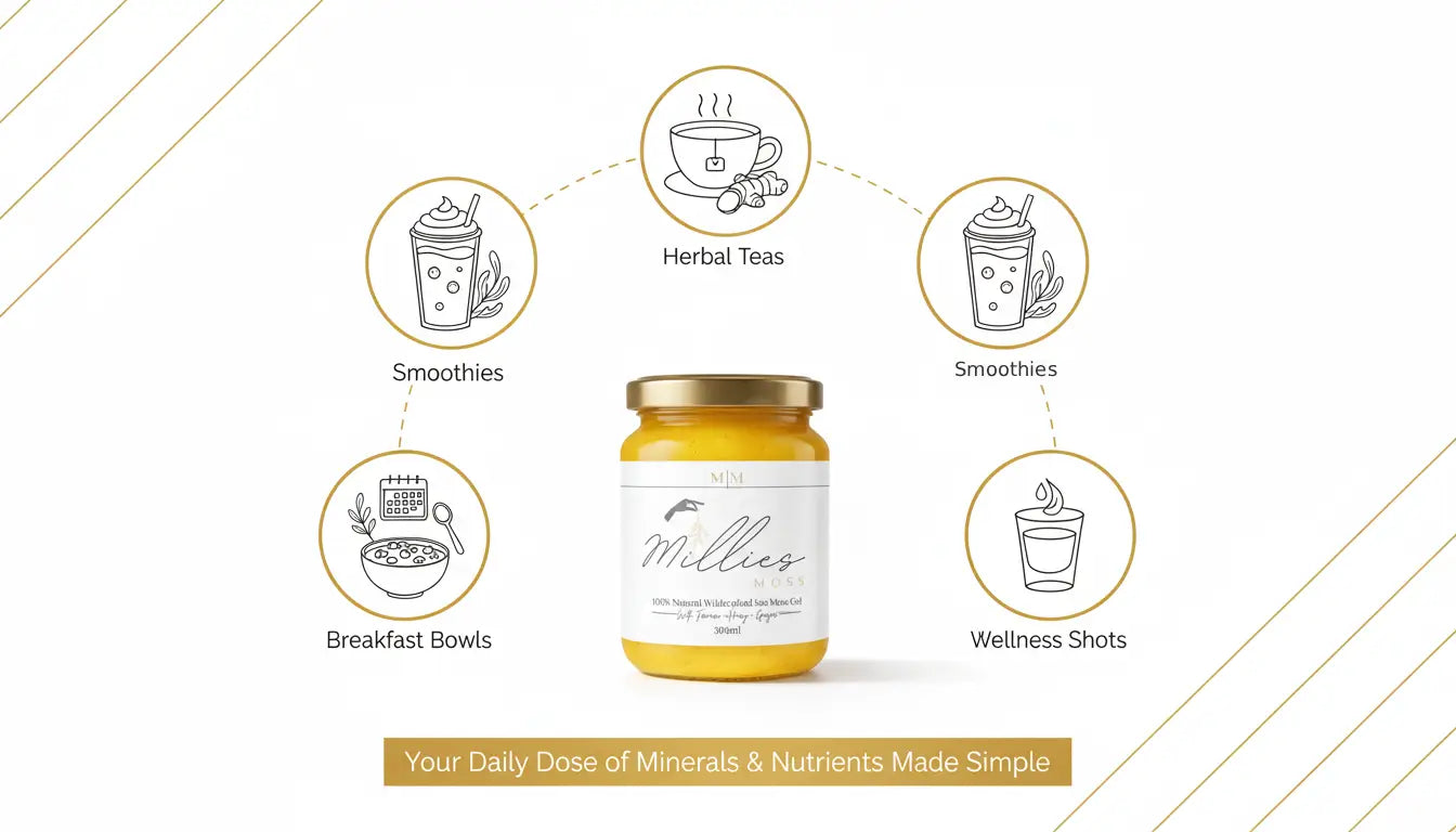 Infographic showing how to use sea moss gel in smoothies, herbal teas, breakfast bowls and wellness shots