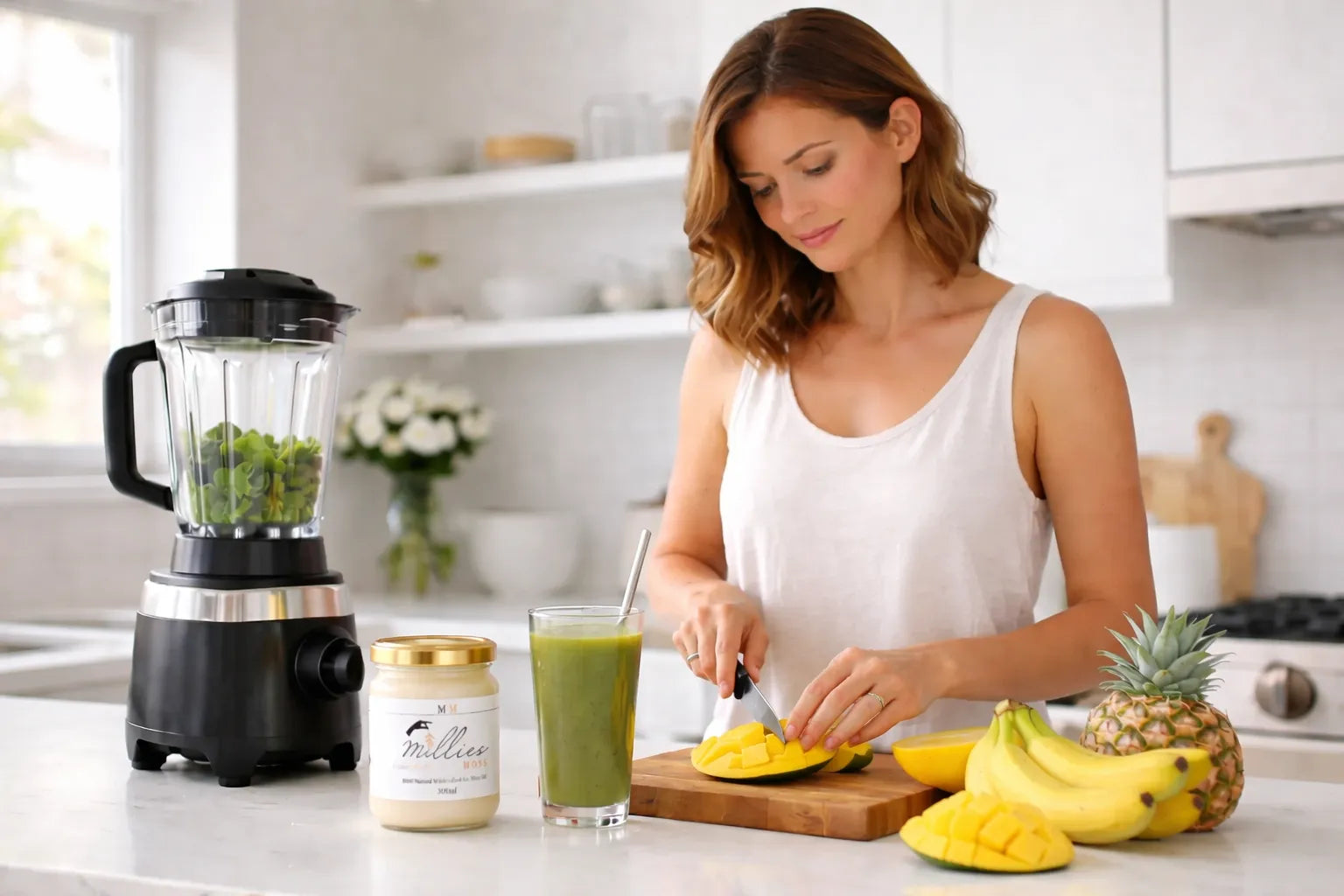 Woman preparing a healthy sea moss smoothie with mango and tropical fruit in a kitchen