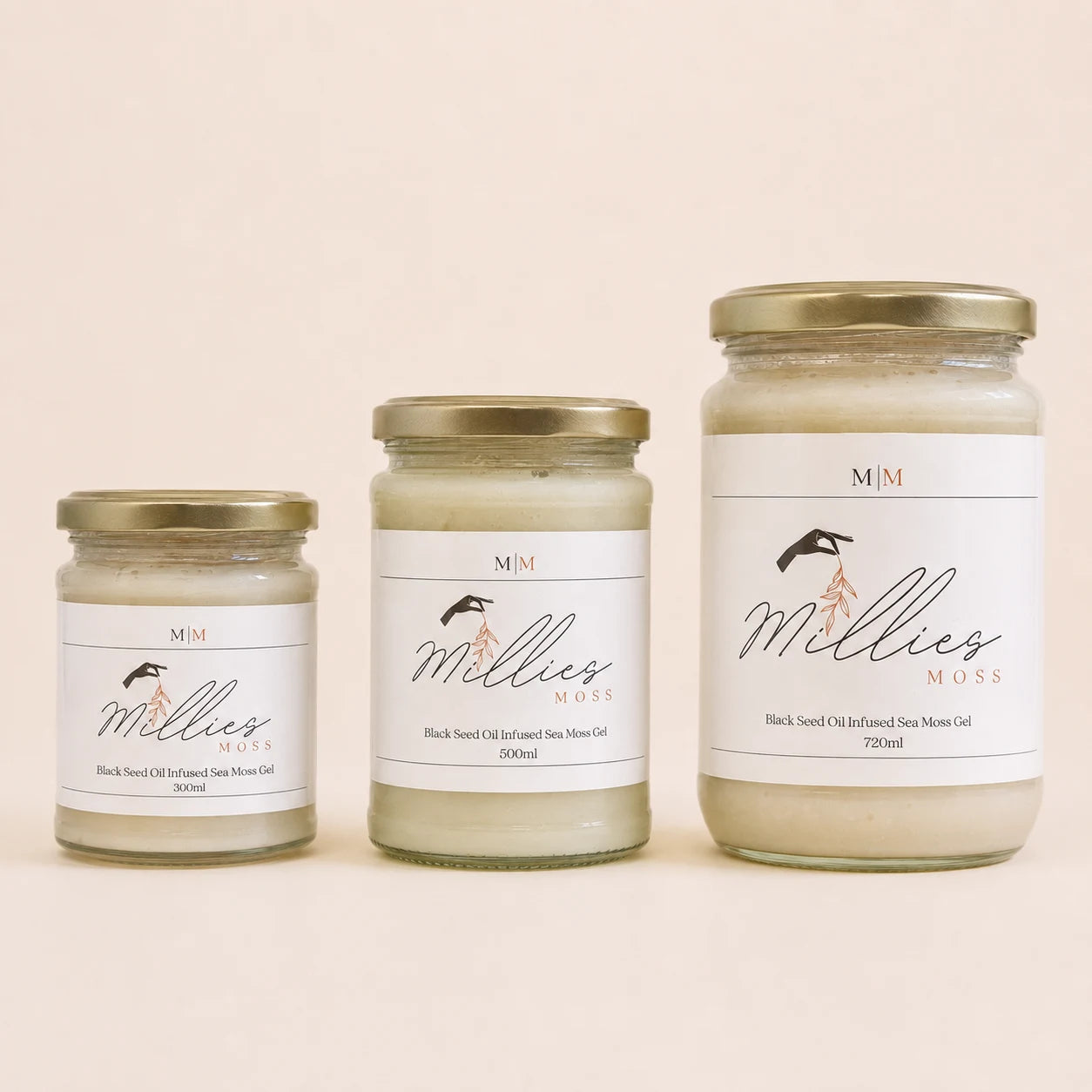 Millie’s Moss Black Seed Oil Infused Sea Moss Gel bundle with 300ml 500ml and 720ml jars