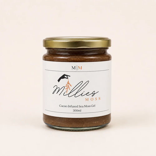 Millie’s Moss Cacao Infused Sea Moss Gel 300ml jar on a warm off-white background.