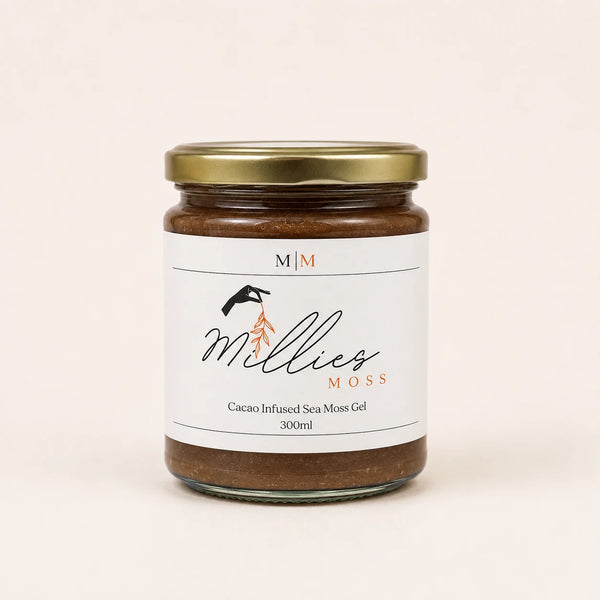Millie’s Moss Cacao Infused Sea Moss Gel 300ml jar on a warm off-white background.