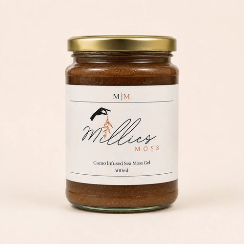 Millie’s Moss Cacao Infused Sea Moss Gel 500ml jar on a warm off-white background.