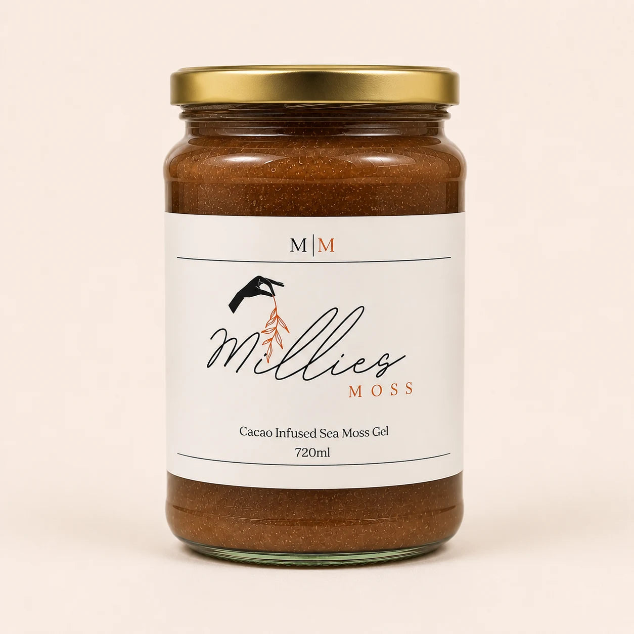 Millie’s Moss Cacao Infused Sea Moss Gel 720ml jar on a warm off-white background.