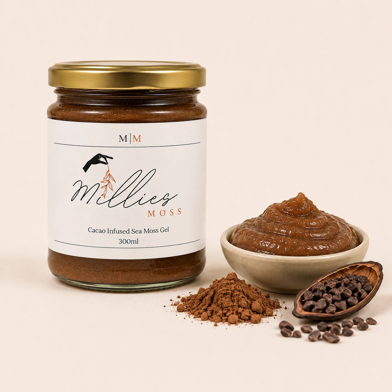 Close-up of Millie’s Moss Cacao Infused Sea Moss Gel showing its smooth texture with cacao powder and nibs.