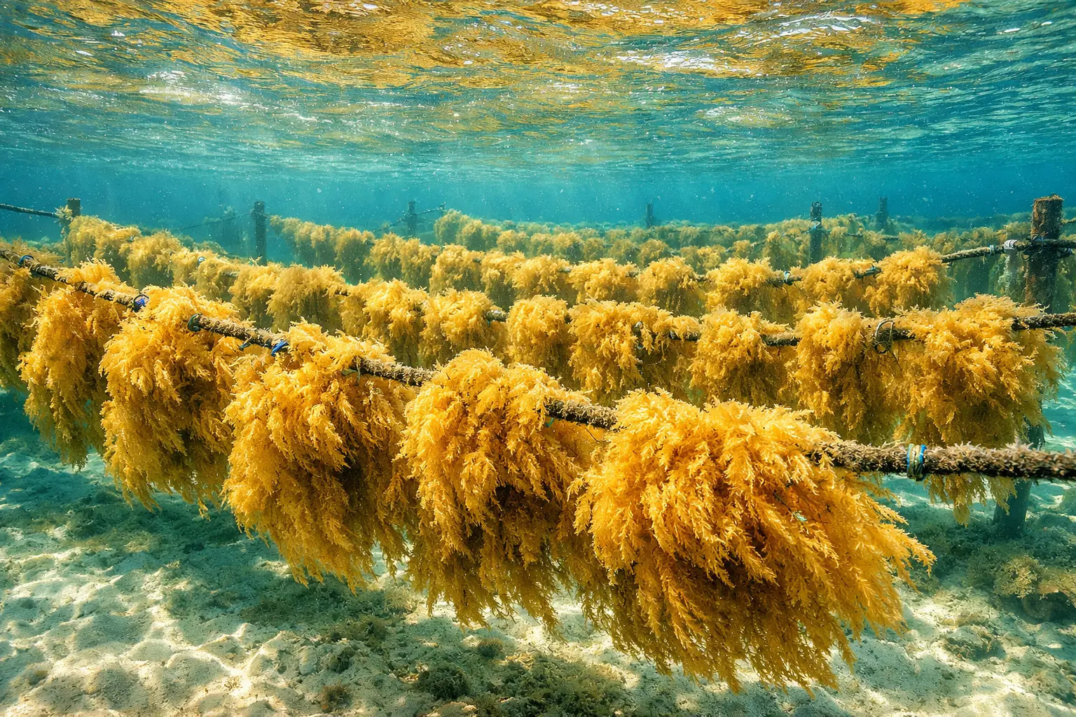Golden sea moss growing on farming ropes in clear Caribbean ocean water