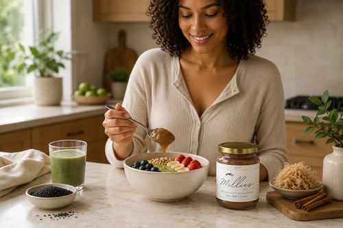Woman adding Millie’s Moss Cocoa, Matcha and Cinnamon sea moss gel to a breakfast bowl with fruit and seeds.