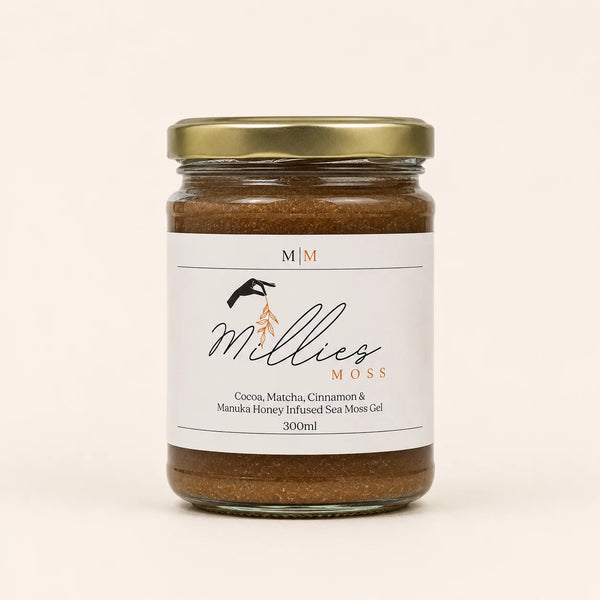 Millie’s Moss Cocoa, Matcha, Cinnamon & Manuka Honey Infused Sea Moss Gel 300ml jar on a warm off-white background.
