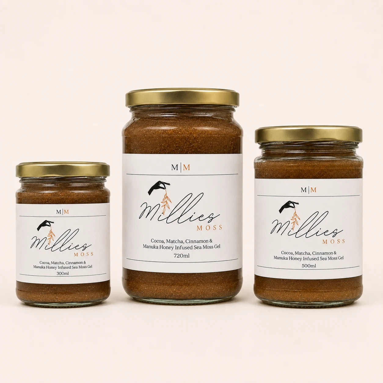 Millie’s Moss Cocoa, Matcha, Cinnamon & Manuka Honey Infused Sea Moss Gel in 300ml, 500ml and 720ml jar sizes.