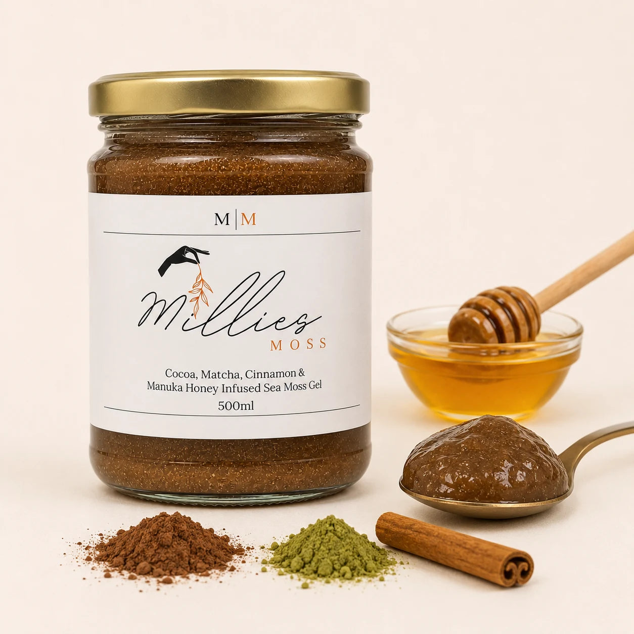 Close-up of Millie’s Moss Cocoa, Matcha, Cinnamon & Manuka Honey Infused Sea Moss Gel with cocoa, matcha, cinnamon and Manuka honey details.