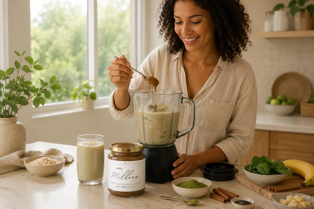 Woman adding Millie’s Moss Cocoa, Matcha and Cinnamon sea moss gel to a smoothie blender in a bright kitchen.