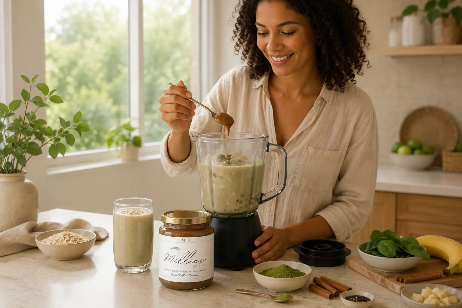 Woman adding Millie’s Moss Cocoa, Matcha and Cinnamon sea moss gel to a smoothie blender in a bright kitchen.